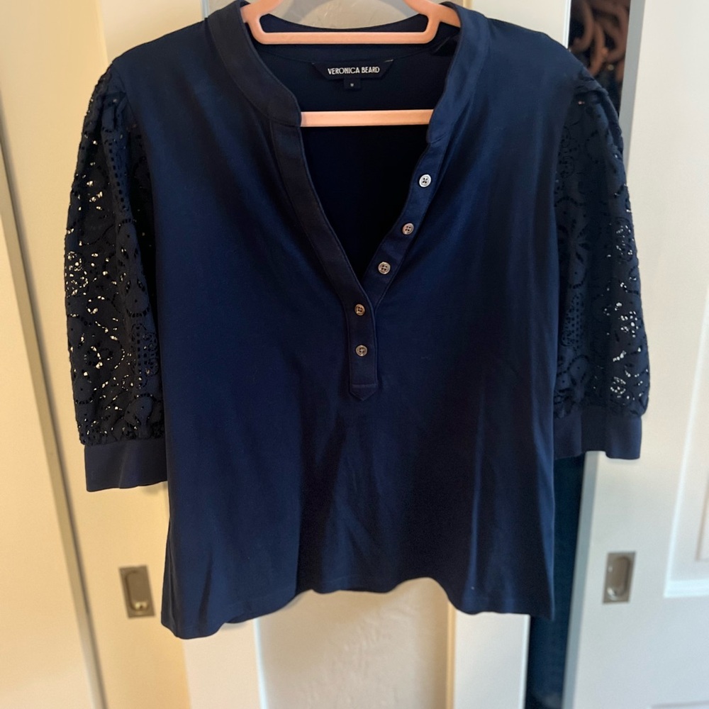 Veronica Beard Midnight Blue Blouse with Lace Sleeves